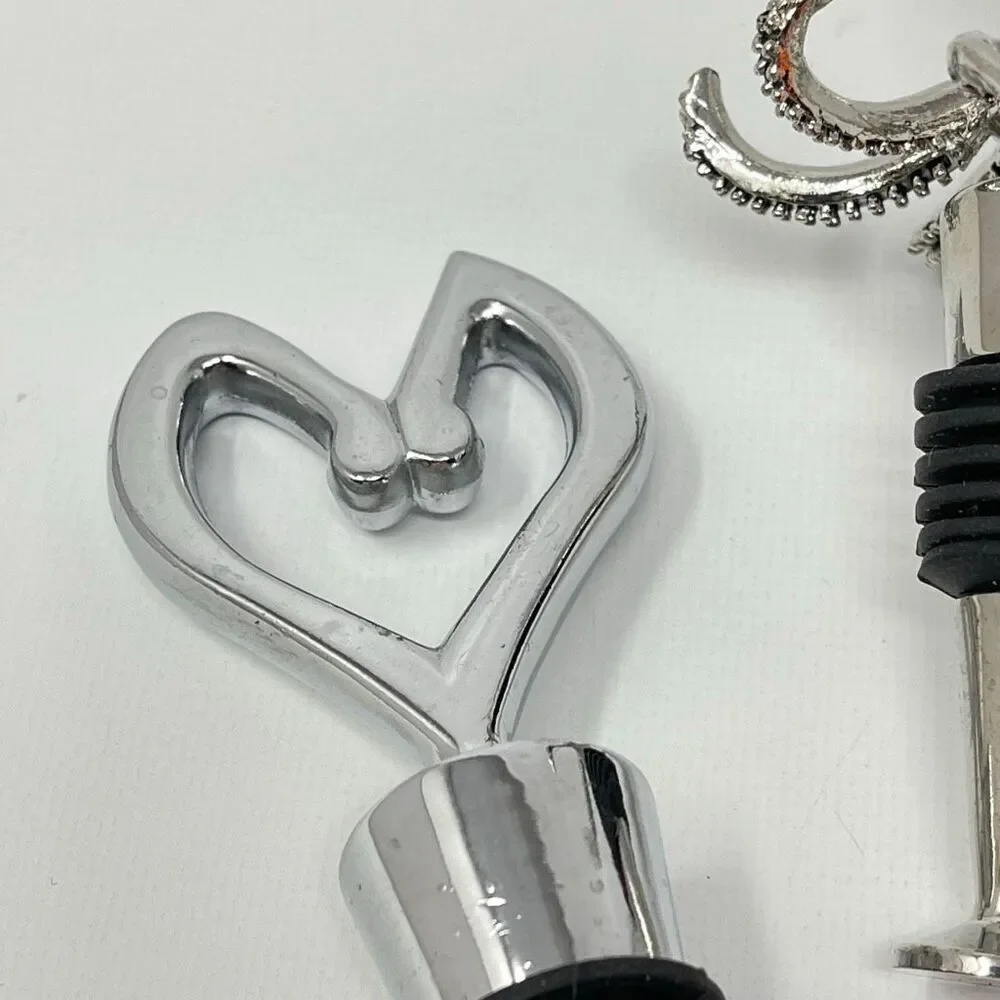 Metal & Stone Wine Bottle Stopper Lot of 3 Metal Octopus & Heart Stone Ball